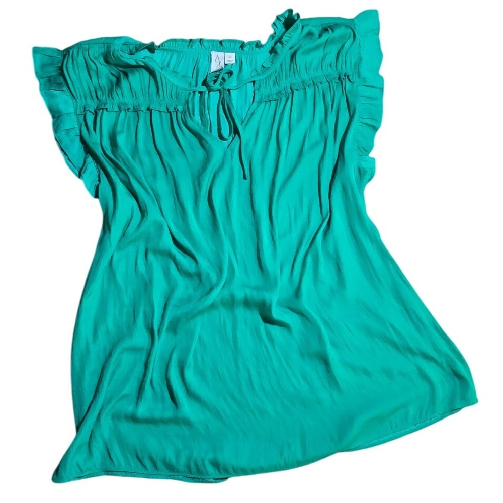 Joie Women's silky Green Ruffle Sleeve Top Tie Neck‎ Blouse Casual PLUS 3X XXL